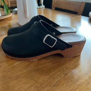 Anthropologie Black Leather Wooden Clogs